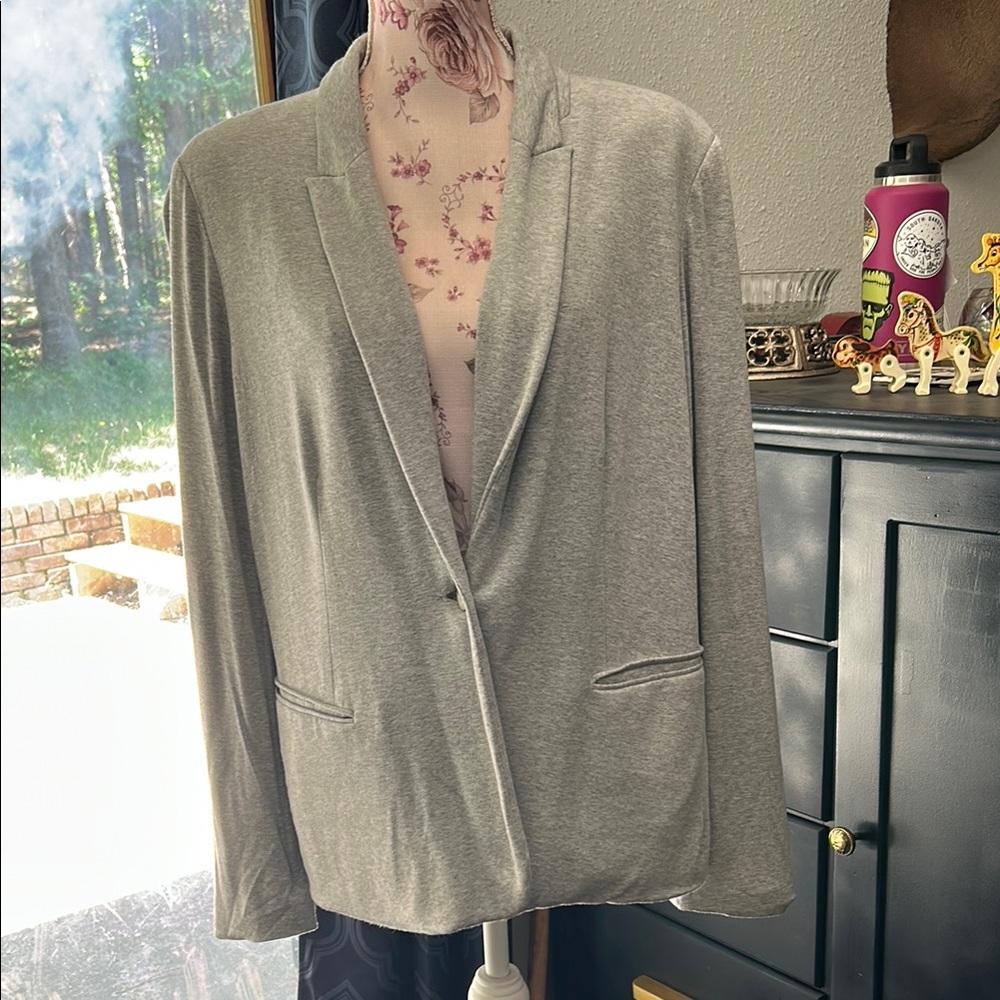Liz Claiborne Grey Blazer with Blue and White Striped Lining